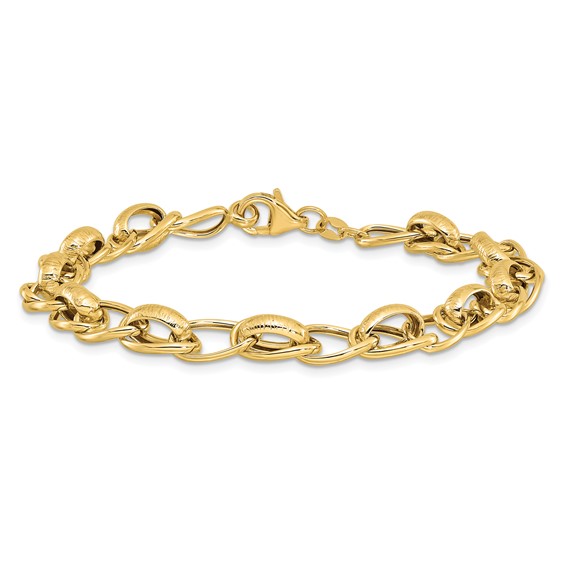 14k Polished and Textured 7mm Fancy Link 7.5 inch Bracelet