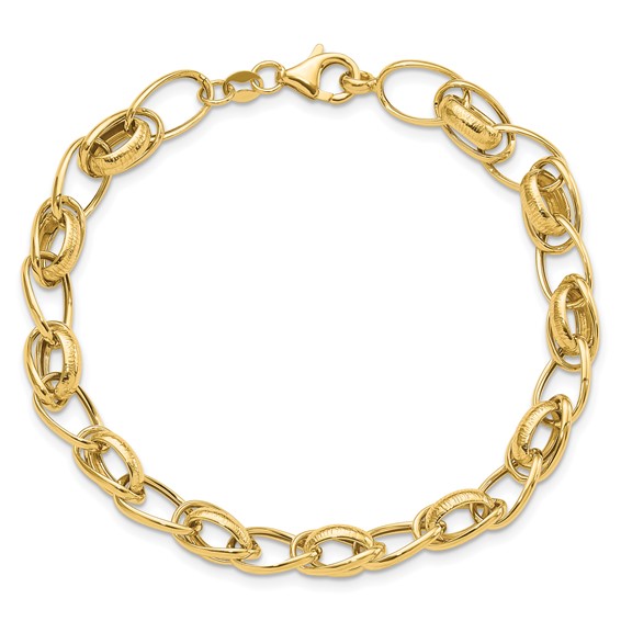 14k Polished and Textured 7mm Fancy Link 7.5 inch Bracelet