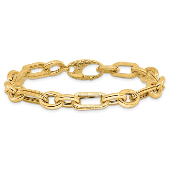 14K Polished and Textured 7.7mm Fancy Link 7.5 inch Bracelet