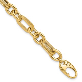 14K Polished and Textured 7.7mm Fancy Link 7.5 inch Bracelet