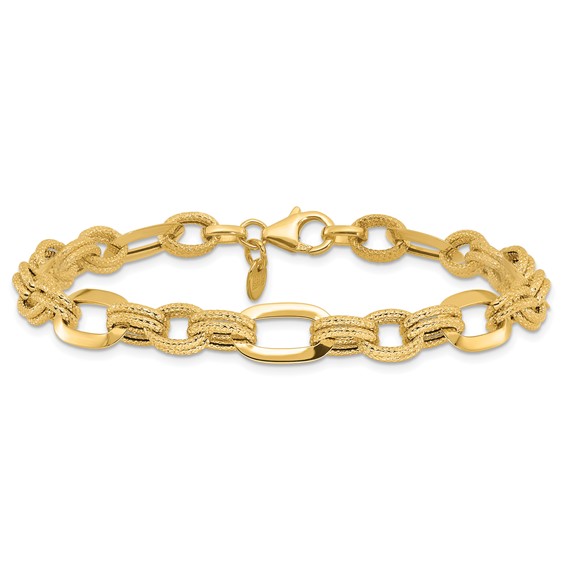 14K Polished and Textured 7.8mm Fancy Link 7.5 inch Bracelet