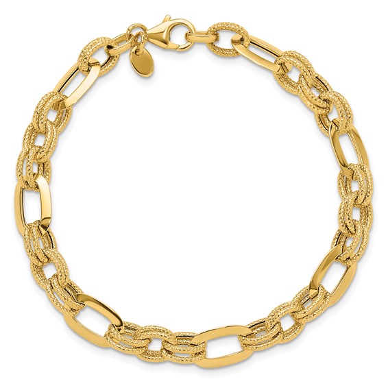 14K Polished and Textured 7.8mm Fancy Link 7.5 inch Bracelet