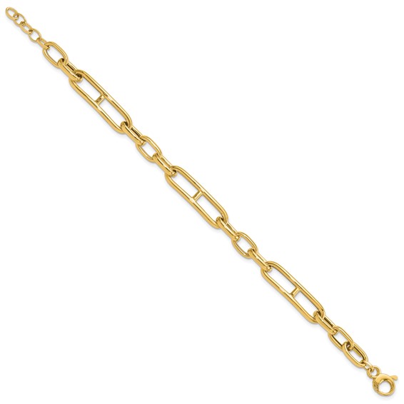 14K Polished 7.4mm Fancy Paperclip Link 7.5 inch Bracelet Plus 0.5 inch Extender