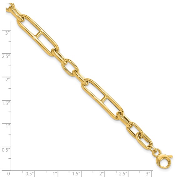 14K Polished 7.4mm Fancy Paperclip Link 7.5 inch Bracelet Plus 0.5 inch Extender