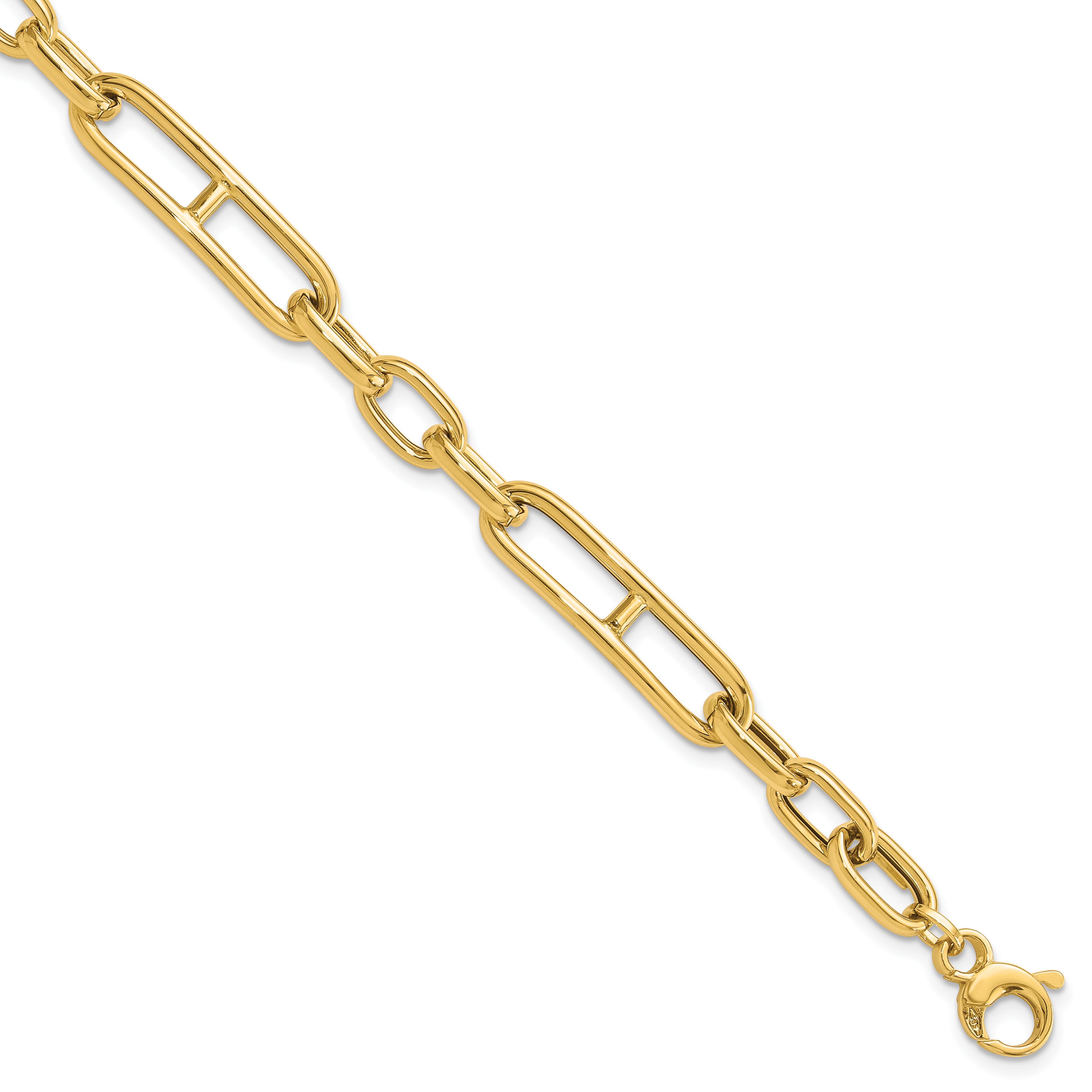 14K Polished 7.4mm Fancy Paperclip Link 7.5 inch Bracelet Plus 0.5 inch Extender (FB2033-7.5)