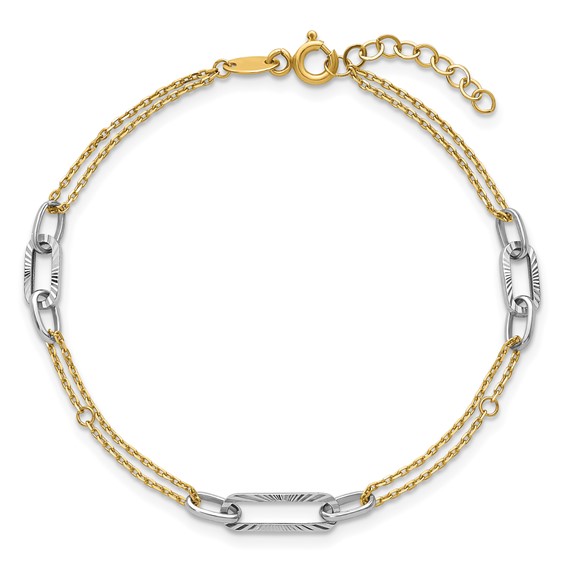 14K Two-tone Polished and Diamond-cut 3-Station 6.5 inch Bracelet Plus 0.75 inch Extender