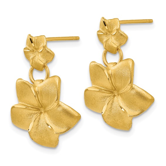 14k Satin Diamond-cut Plumeria Dangle Post Earrings