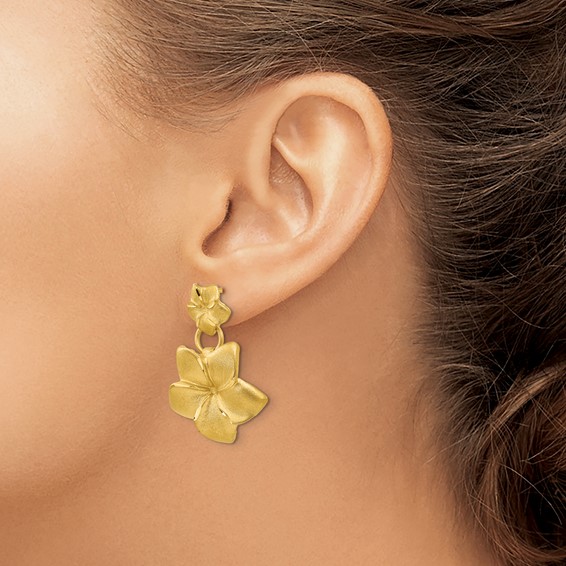 14k Satin Diamond-cut Plumeria Dangle Post Earrings