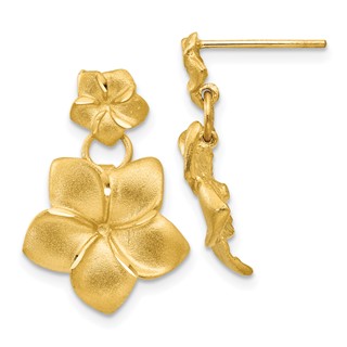 14k Satin Diamond-cut Plumeria Dangle Post Earrings