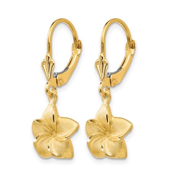 14k Satin and Diamond-Cut Plumeria Dangle Leverback Earrings
