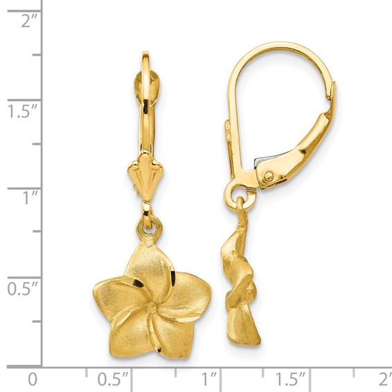 14k Satin and Diamond-Cut Plumeria Dangle Leverback Earrings