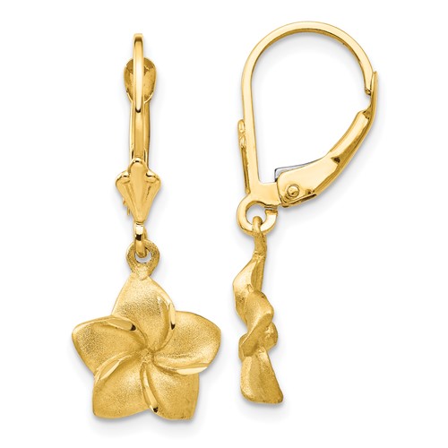 14k Satin and Diamond-Cut Plumeria Dangle Leverback Earrings