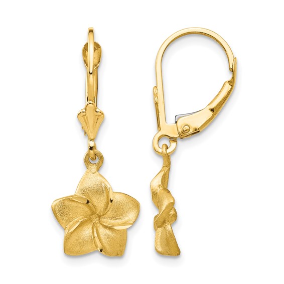 14k Satin and Diamond-Cut Plumeria Dangle Leverback Earrings