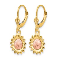 14K Two-tone Polished Sunflower Dangle Leverback Earrings view 2