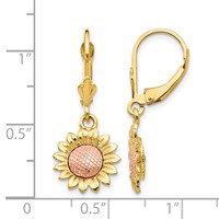 14K Two-tone Polished Sunflower Dangle Leverback Earrings view 4