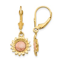 14K Two-tone Polished Sunflower Dangle Leverback Earrings view 1