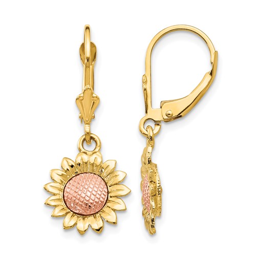 14K Two-tone Polished Sunflower Dangle Leverback Earrings