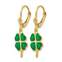 14K Yellow Gold Green Enameled Clover Dangle Leverback Earrings view 2