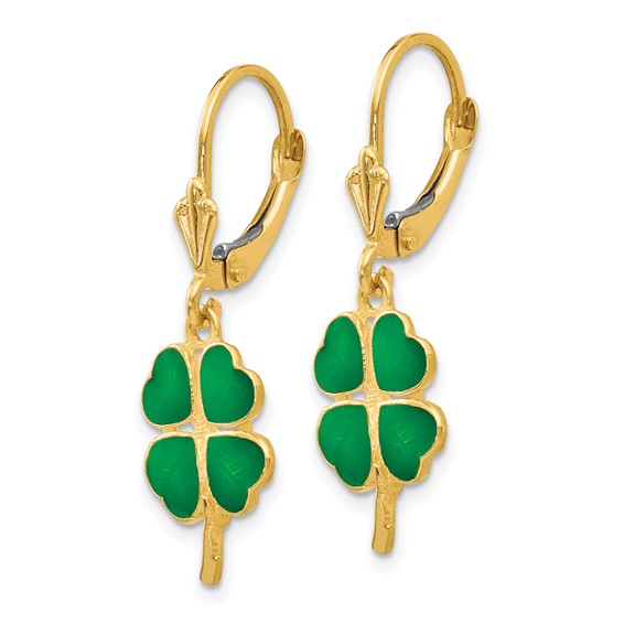 14k Green Enameled Clover Dangle Leverback Earrings