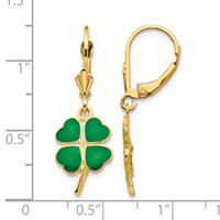 14K Yellow Gold Green Enameled Clover Dangle Leverback Earrings view 4