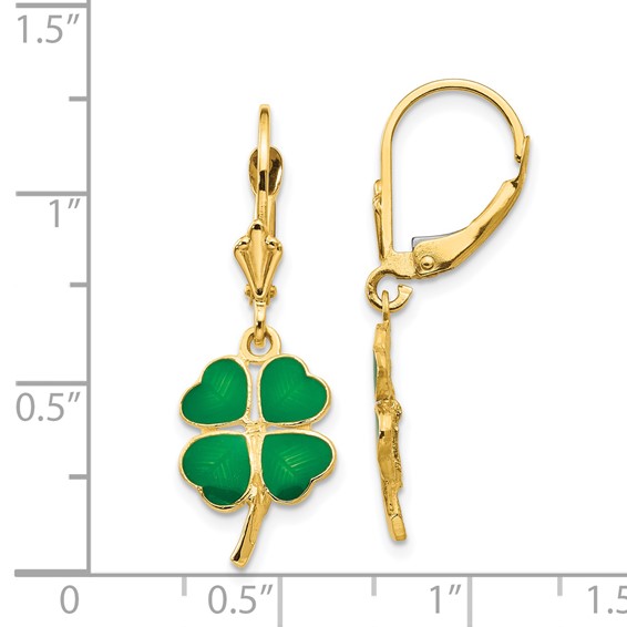 14k Green Enameled Clover Dangle Leverback Earrings