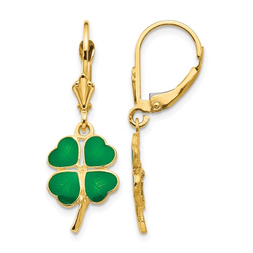 14K Yellow Gold Green Enameled Clover Dangle Leverback Earrings