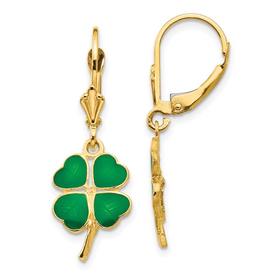 14k Green Enameled Clover Dangle Leverback Earrings