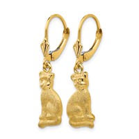 14K Yellow Gold Satin Cat Dangle Leverback Earrings view 2