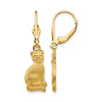 14K Yellow Gold Satin Cat Dangle Leverback Earrings view 1
