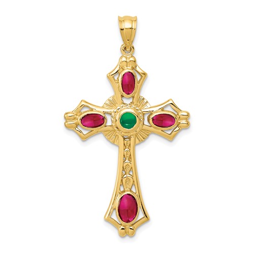 14K Yellow Gold Ruby and Emerald Cabochon Cross Pendant