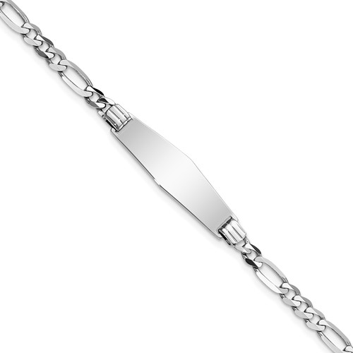 14K White Gold Polished Solid Chain Solid Plate Figaro Link Soft Diamond Shape 24.5x 7.5mm Plate ID Bracelet, 7"