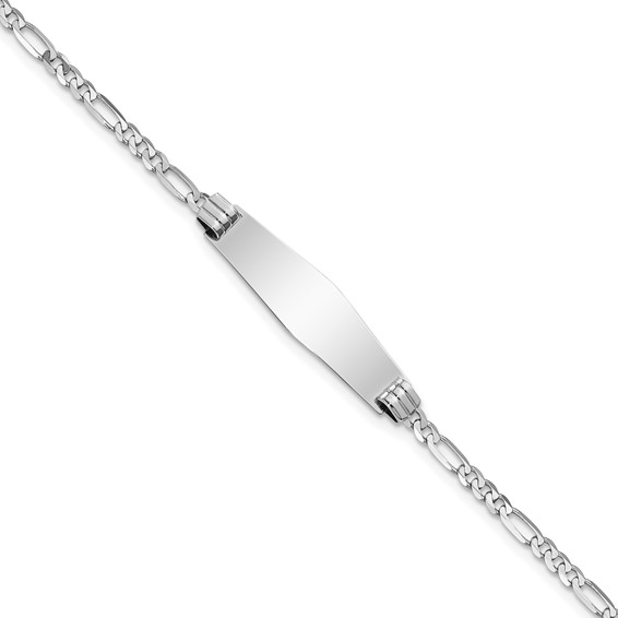14k White Gold Polished Solid Chain/Solid Plate Figaro Link Soft Diamond Shape 24.5x7.5mm Plate 7 inch ID Bracelet