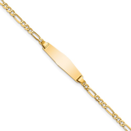 14K Yellow Gold Polished Solid Chain Solid Plate Figaro Link Soft Diamond Shape 19.5x 5mm Plate ID Bracelet, 7"