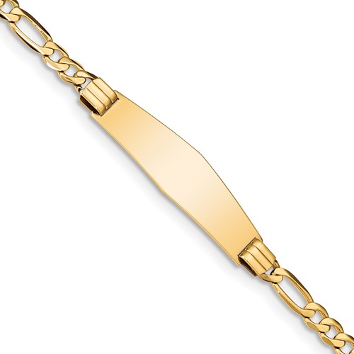 14K Yellow Gold Polished Solid Chain Solid Plate Figaro Link Soft Diamond Shape 33x 9mm Plate ID Bracelet, 7"