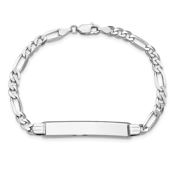 14k White Gold Polished Solid Chain/Solid Plate Figaro Link Soft Diamond Shape 33x9mm Plate 7 inch ID Bracelet