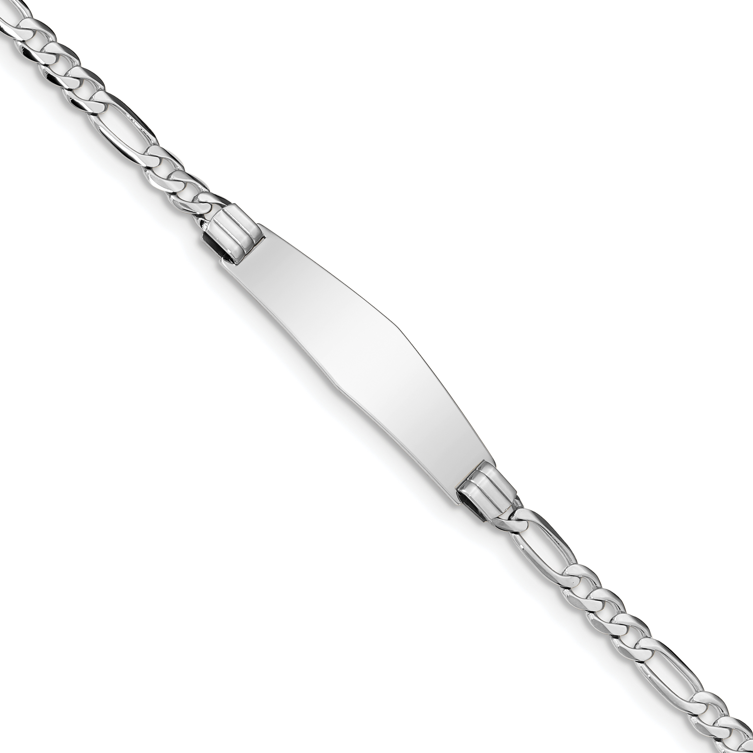 14k White Gold Polished Solid Chain/Solid Plate Figaro Link Soft Diamond Shape 33x9mm Plate 7 inch ID Bracelet (FIG110IDCW-7)