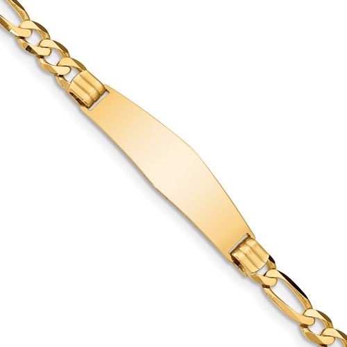 14K Yellow Gold Polished Solid Chain Solid Plate Figaro Link Soft Diamond Shape 37x 10mm Plate ID Bracelet, 7"