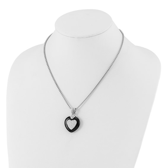 Leslie's Sterling Silver Polished & Satin Crystal & Onyx Heart Necklace
