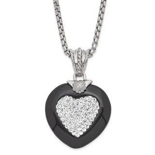 Leslie's Sterling Silver Polished & Satin Crystal & Onyx Heart Necklace