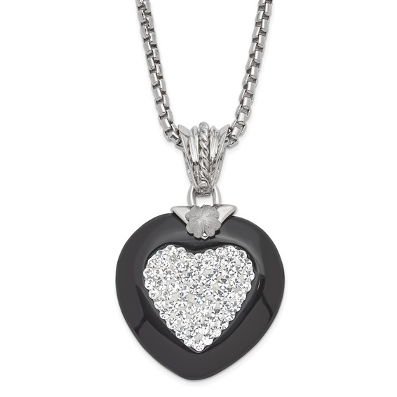 Leslie's Sterling Silver Polished & Satin Crystal & Onyx Heart Necklace