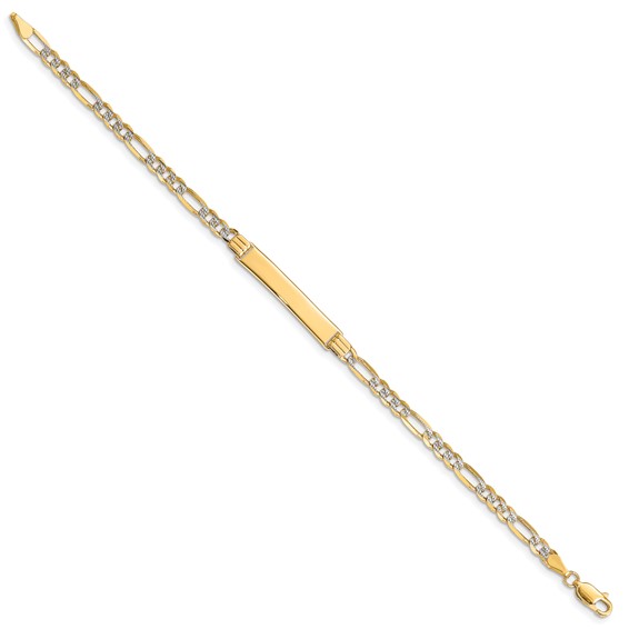 14k Polished with Rhodium Pavé Solid Chain/Solid Plate Figaro Link 25.5x5mm Plate 7 inch ID Bracelet