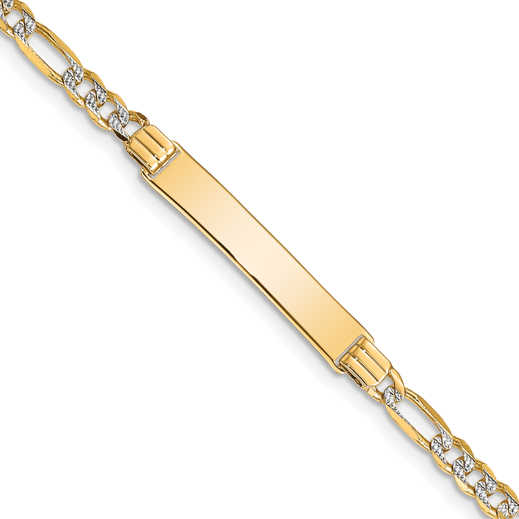 14k Polished with Rhodium PavÃ© Solid Chain/Solid Plate Figaro Link 25.5x5mm Plate 7 inch ID Bracelet (FW100ID-7)