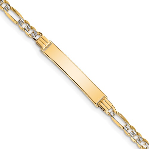 14K Polished Bracelet with Rhodium Pavé Solid Chain Solid Plate Figaro Link 25.5x 5mm Plate ID, 7"