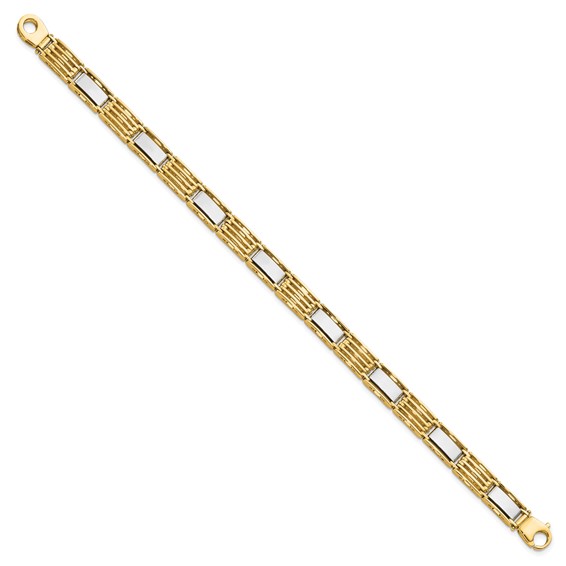 14k Two-tone High Polished 7.4mm Fancy Bar Link 8.5 inch Mens Bracelet