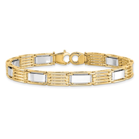14k Two-tone High Polished 7.4mm Fancy Bar Link 8.5 inch Mens Bracelet