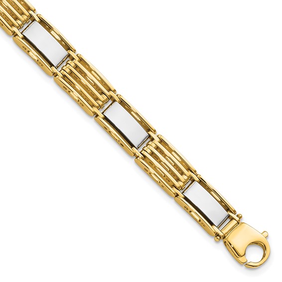 14k Two-tone High Polished 7.4mm Fancy Bar Link 8.5 inch Mens Bracelet