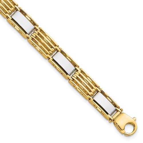 14K Two-tone High Polished 7.4mm Fancy Bar Link Mens Bracelet, 8.5"