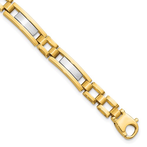 14K Two-tone Polished and Satin 6.3mm Fancy Bar Link Mens Bracelet, 8.5"