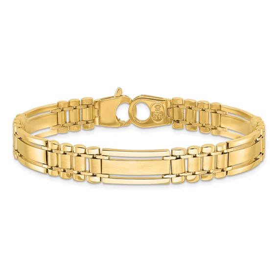 14k Polished and Satin 8.8mm Fancy Bar Link 8.5 inch Mens Bracelet