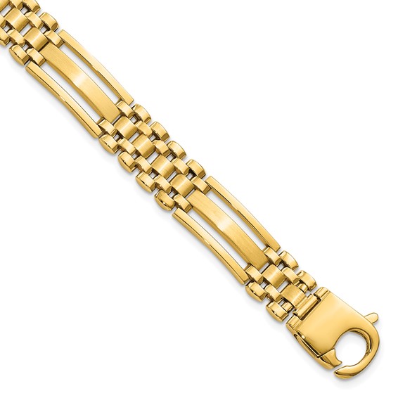 14k Polished and Satin 10mm Fancy Bar Link 8.75 inch Mens Bracelet